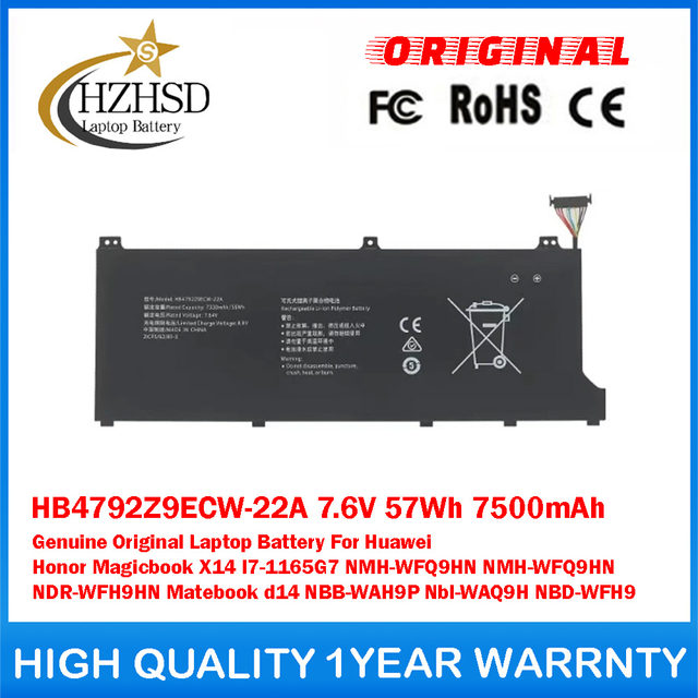 HB4792Z9ECW-22A 7.6V 57Wh 7500mAh Genuine Original Laptop Battery For Huawei Honor Magicbook X14 I7-1165G7 NMH-WFQ9HN NMH-WFQ9HN NDR-WFH9HN Matebook d14 NBB-WAH9P Nbl-WAQ9H NBD-WFH9