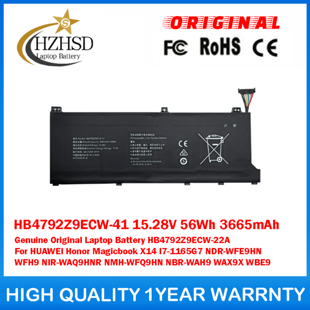 HB4792Z9ECW-41 15.28V 56Wh 3665mAh Genuine Original Laptop Battery HB4792Z9ECW-22A For HUAWEI Honor Magicbook X14 I7-1165G7 NDR-WFE9HN WFH9 NIR-WAQ9HNR NMH-WFQ9HN NBR-WAH9 WAX9X WBE9