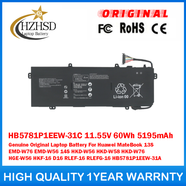 HB5781P1EEW-31C 11.55V 60Wh 5195mAh Genuine Original Laptop Battery For Huawei MateBook 13S EMD-W76 EMD-W56 14S HKD-W56 HKD-W58 HKD-W76 HGE-W56 HKF-16 D16 RLEF-16 RLEFG-16 HB5781P1EEW-31A