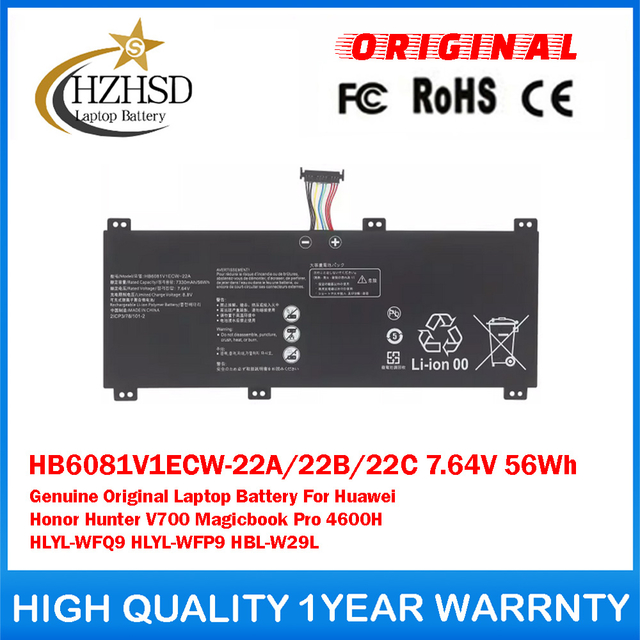 HB6081V1ECW-22A/22B/22C 7.64V 56Wh Genuine Original Laptop Battery For Huawei Honor Hunter V700 Magicbook Pro 4600H HLYL-WFQ9 HLYL-WFP9 HBL-W29L