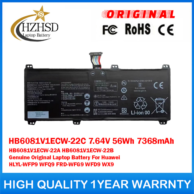 HB6081V1ECW-22C 7.64V 56Wh 7368mAh HB6081V1ECW-22A HB6081V1ECW-22B Genuine Original Laptop Battery For Huawei HLYL-WFP9 WFQ9 FRD-WFG9 WFD9 WX9