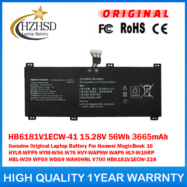 HB6181V1ECW-41 15.28V 56Wh 3665mAh Genuine Original Laptop Battery For Huawei MagicBook 16 HYLR-WFP9 HYM-W56 W76 HVY-WAP9W WAP9 HLY-W19RP HBL-W29 WFG9 WDG9 WAH9HNL V700 HB6181V1ECW-22A