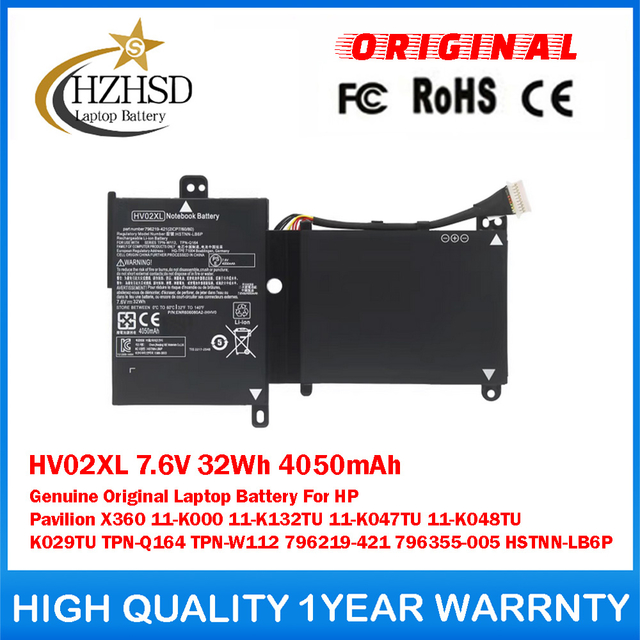 HV02XL 7.6V 32Wh 4050mAh Genuine Original Laptop Battery For HP Pavilion X360 11-K000 11-K132TU 11-K047TU 11-K048TU K029TU TPN-Q164 TPN-W112 796219-421 796355-005 HSTNN-LB6P
