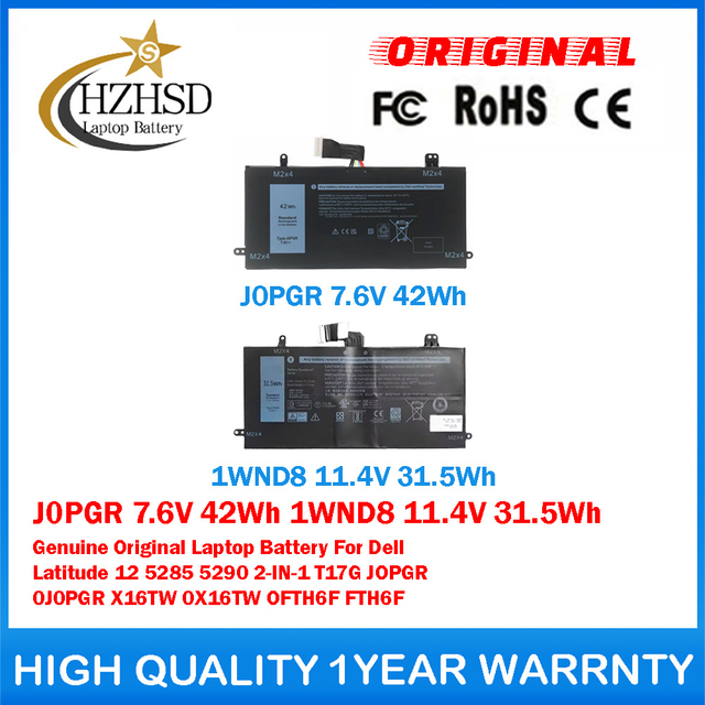 J0PGR 7.6V 42Wh 1WND8 11.4V 31.5Wh Genuine Original Laptop Battery For Dell Latitude 12 5285 5290 2-IN-1 T17G JOPGR 0J0PGR X16TW 0X16TW OFTH6F FTH6F
