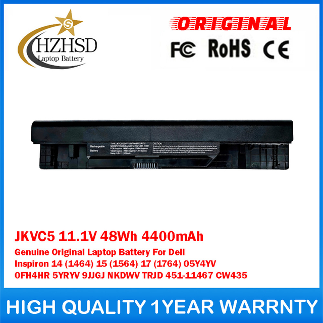 JKVC5 11.1V 48Wh 4400mAh Genuine Original Laptop Battery For Dell Inspiron 14 (1464) 15 (1564) 17 (1764) 05Y4YV 0FH4HR 5YRYV 9JJGJ NKDWV TRJD 451-11467 CW435