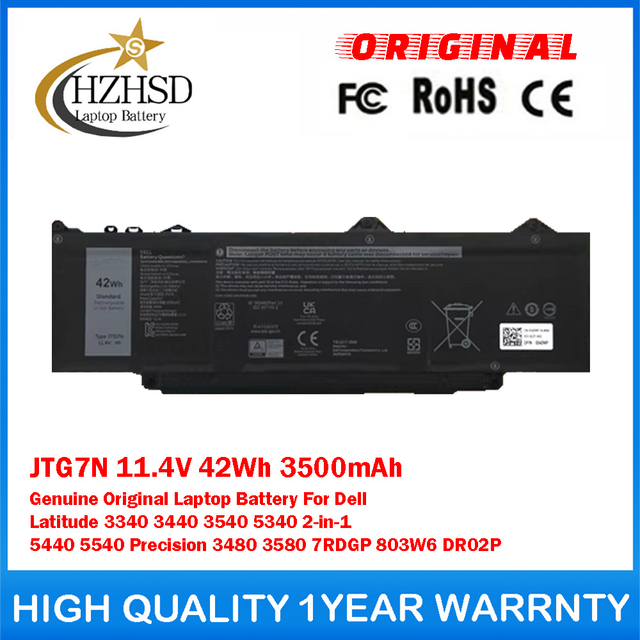 JTG7N 11.4V 42Wh 3500mAh Genuine Original Laptop Battery For Dell Latitude 3340 3440 3540 5340 2-in-1 5440 5540 Precision 3480 3580 7RDGP 803W6 DR02P