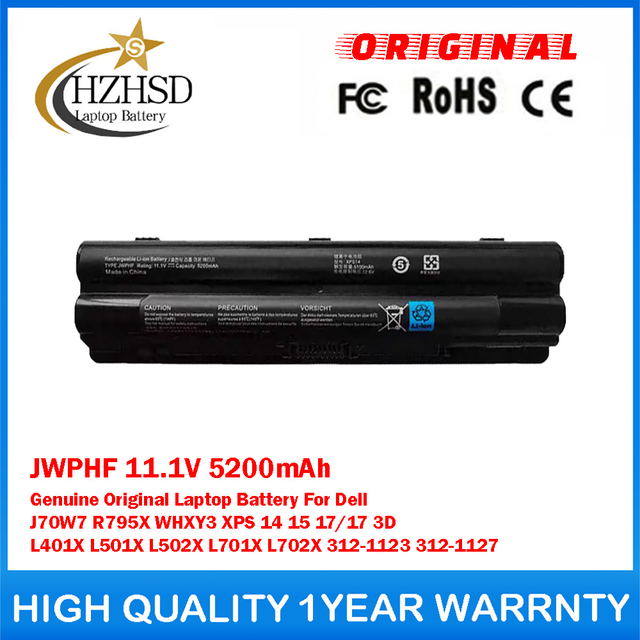 JWPHF 11.1V 5200mAh Genuine Original Laptop Battery For Dell J70W7 R795X WHXY3 XPS 14 15 17/17 3D L401X L501X L502X L701X L702X 312-1123 312-1127