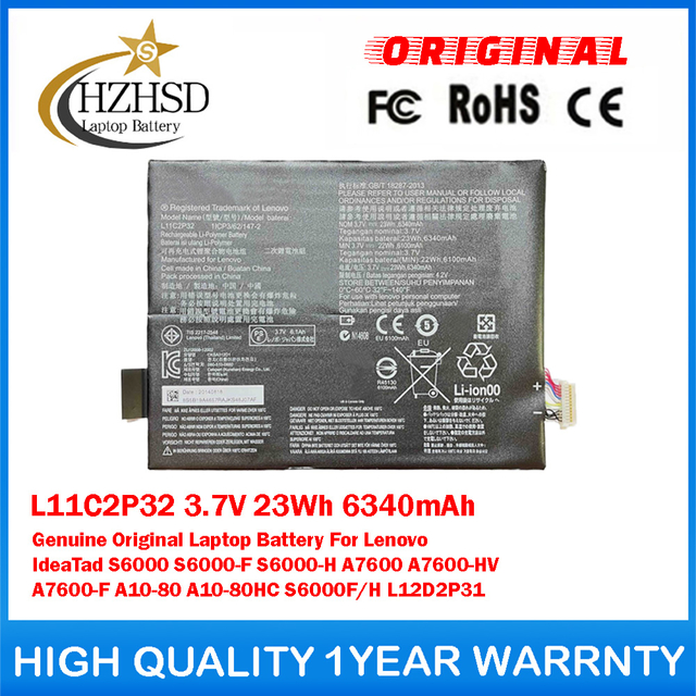 L11C2P32 3.7V 23Wh 6340mAh Genuine Original Laptop Battery For Lenovo IdeaTad S6000 S6000-F S6000-H A7600 A7600-HV A7600-F A10-80 A10-80HC S6000F/H L12D2P31