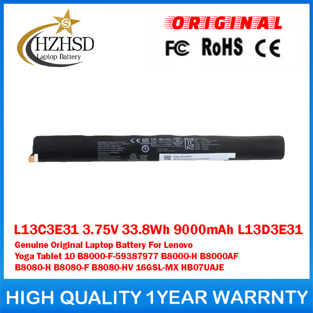 L13C3E31 3.75V 33.8Wh 9000mAh L13D3E31 Genuine Original Laptop Battery For Lenovo Yoga Tablet 10 B8000-F-59387977 B8000-H B8000AF B8080-H B8080-F B8080-HV 16GSL-MX HB07UAJE
