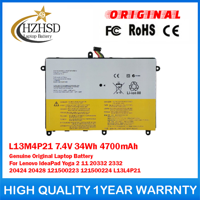 L13M4P21 7.4V 34Wh 4700mAh Genuine Original Laptop Battery For Lenovo IdeaPad Yoga2 11 20332 2332 20424 20428 121500223 121500224 L13L4P21
