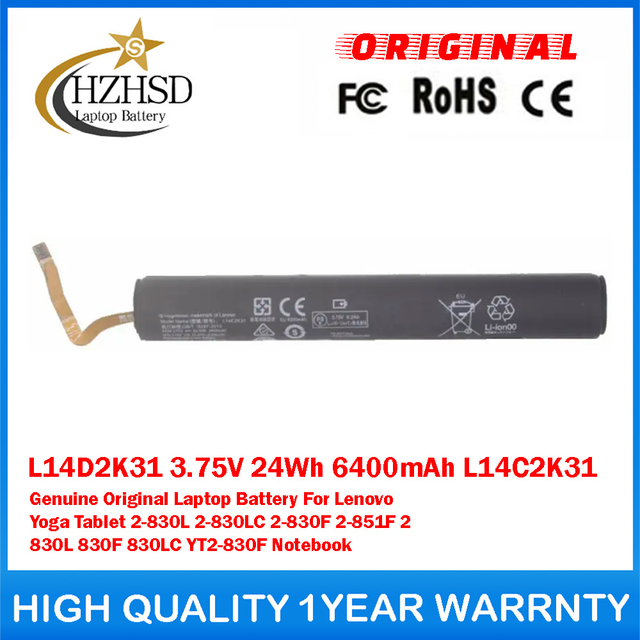 L14D2K31 3.75V 24Wh 6400mAh L14C2K31 Genuine Original Laptop Battery For Lenovo Yoga Tablet 2-830L 2-830LC 2-830F 2-851F 2 830L 830F 830LC YT2-830F Notebook