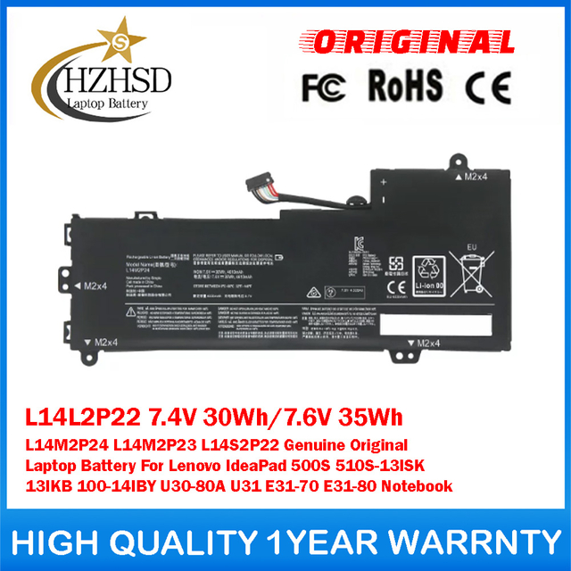 L14L2P22 7.4V 30Wh/7.6V 35Wh L14M2P24 L14M2P23 L14S2P22 Genuine Original Laptop Battery For Lenovo IdeaPad 500S 510S-13ISK 13IKB 100-14IBY U30-80A U31 E31-70 E31-80 Notebook
