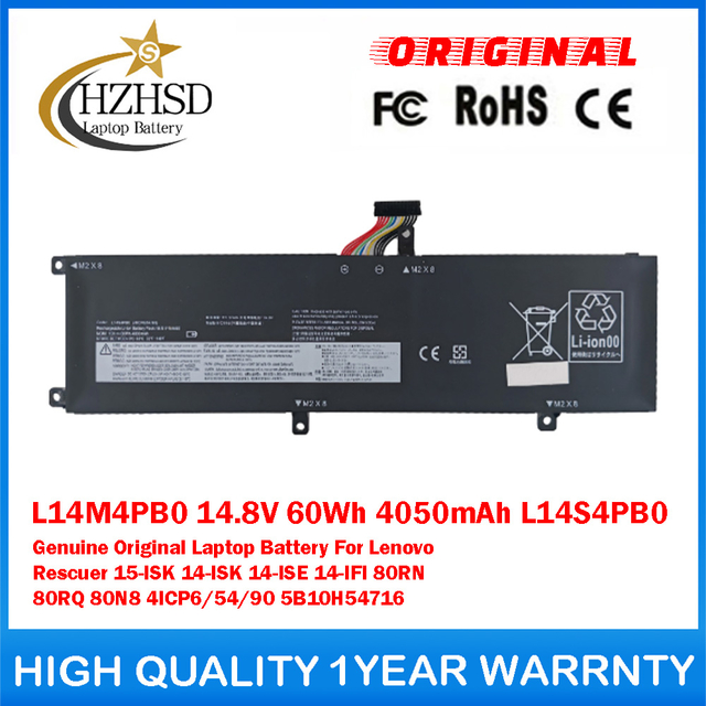 L14M4PB0 14.8V 60Wh 4050mAh L14S4PB0 Genuine Original Laptop Battery For Lenovo Rescuer 15-ISK 14-ISK 14-ISE 14-IFI 80RN 80RQ 80N8 4ICP6/54/90 5B10H54716