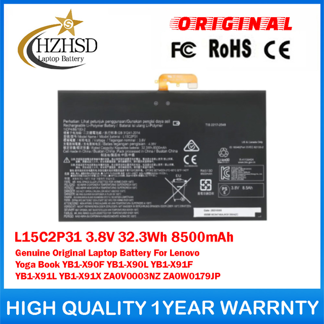 L15C2P31 3.8V 32.3Wh 8500mAh Genuine Original Laptop Battery For Lenovo Yoga Book YB1-X90F YB1-X90L YB1-X91F YB1-X91L YB1-X91X ZA0V0003NZ ZA0W0179JP