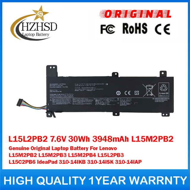 L15L2PB2 7.6V 30Wh 3948mAh L15M2PB2 Genuine Original Laptop Battery For Lenovo L15M2PB2 L15M2PB3 L15M2PB4 L15L2PB3 L15C2PB6 IdeaPad 310-14IKB 310-14ISK 310-14IAP