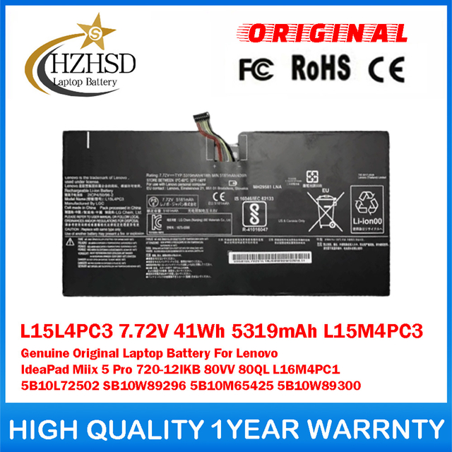 L15L4PC3 7.72V 41Wh 5319mAh L15M4PC3 Genuine Original Laptop Battery For Lenovo IdeaPad Miix 5 Pro 720-12IKB 80VV 80QL L16M4PC1 5B10L72502 SB10W89296 5B10M65425 5B10W89300