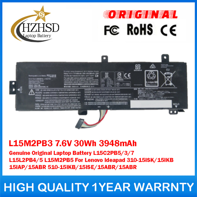 L15M2PB3 7.6V 30Wh 3948mAh Genuine Original Laptop Battery L15C2PB5/3/7 L15L2PB4/5 L15M2PB5 For Lenovo Ideapad 310-15ISK/15IKB/15IAP/15ABR 510-15IKB/15ISE/15ABR/15ABR