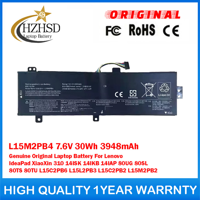 L15M2PB4 7.6V 30Wh 3948mAh Genuine Original Laptop Battery For Lenovo IdeaPad XiaoXin 310 14ISK 14IKB 14IAP 80UG 80SL 80TS 80TU L15C2PB6 L15L2PB3 L15C2PB2 L15M2PB2