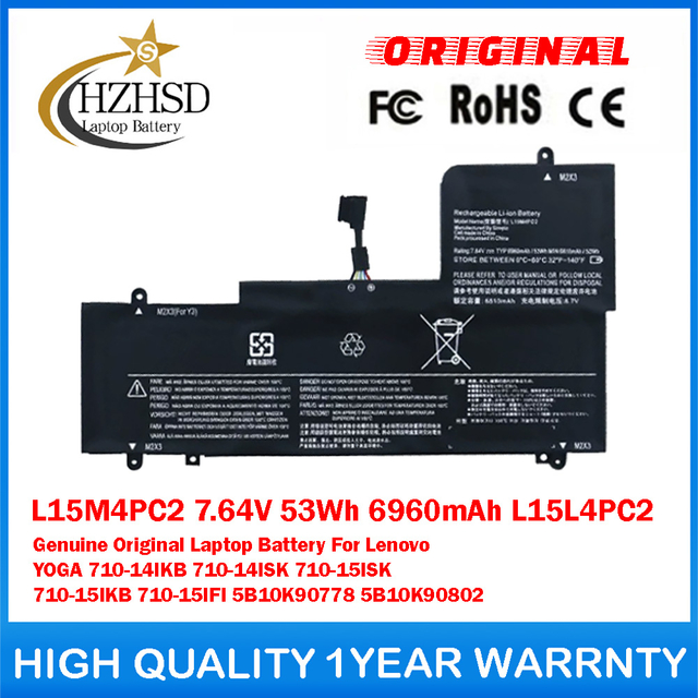 L15M4PC2 7.64V 53Wh 6960mAh L15L4PC2 Genuine Original Laptop Battery For Lenovo YOGA 710-14IKB 710-14ISK 710-15ISK 710-15IKB 710-15IFI 5B10K90778 5B10K90802