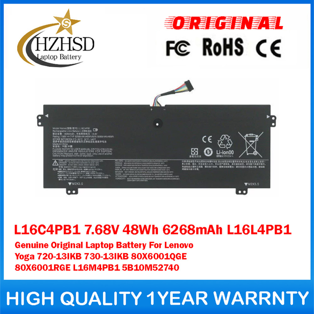 L16C4PB1 7.68V 48Wh 6268mAh L16L4PB1 Genuine Original Laptop Battery For Lenovo Yoga 720-13IKB 730-13IKB 80X6001QGE 80X6001RGE L16M4PB1 5B10M52740
