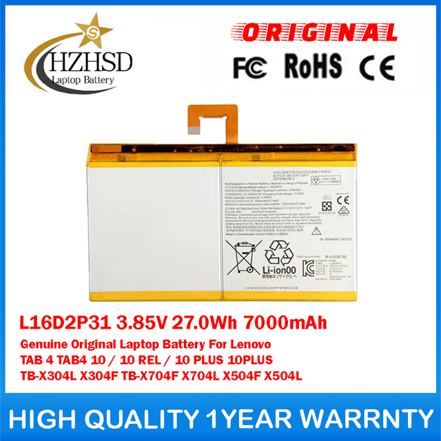 L16D2P31 3.85V 27.0Wh 7000mAh Genuine Original Laptop Battery For Lenovo TAB 4 TAB4 10 / 10 REL / 10 PLUS 10PLUS TB-X304L X304F TB-X704F X704L X504F X504L