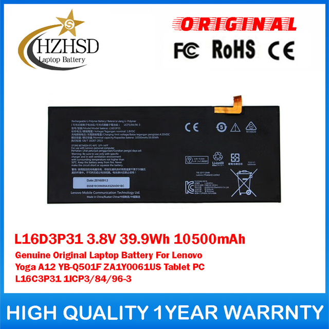 L16D3P31 3.8V 39.9Wh 10500mAh Genuine Original Laptop Battery For Lenovo Yoga A12 YB-Q501F ZA1Y0061US Tablet PC L16C3P31 1ICP3/84/96-3