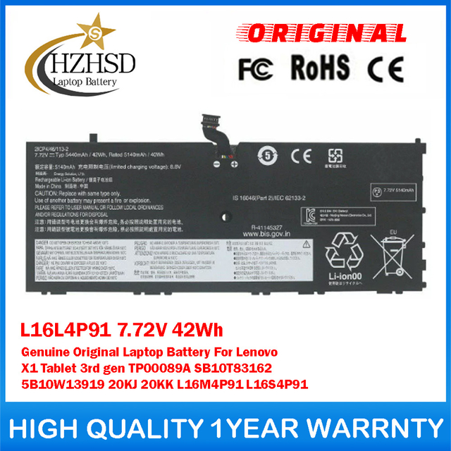 L16L4P91 7.72V 42Wh Genuine Original Laptop Battery For Lenovo X1 Tablet 3rd gen TP00089A SB10T83162 5B10W13919 20KJ 20KK L16M4P91 L16S4P91