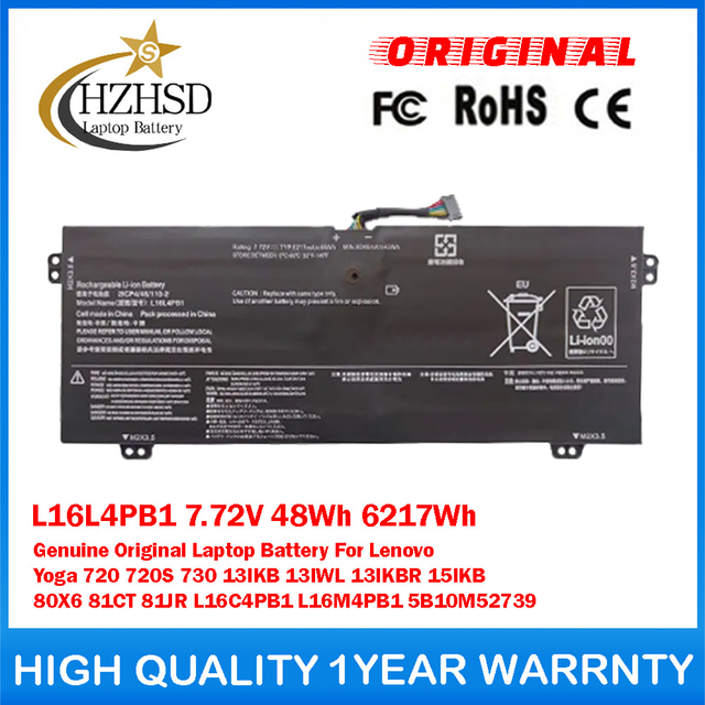 L16L4PB1 7.72V 48Wh 6217Wh Genuine Original Laptop Battery For Lenovo Yoga 720 720S 730 13IKB 13IWL 13IKBR 15IKB 80X6 81CT 81JR L16C4PB1 L16M4PB1 5B10M52739