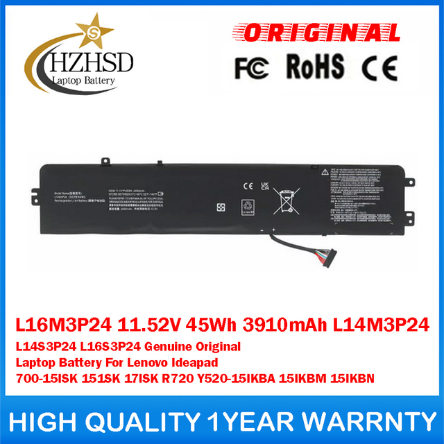 L16M3P24 11.52V 45Wh 3910mAh L14M3P24 L14S3P24 L16S3P24 Genuine Original Laptop Battery For Lenovo Ideapad 700-15ISK 151SK 17ISK R720 Y520-15IKBA 15IKBM 15IKBN