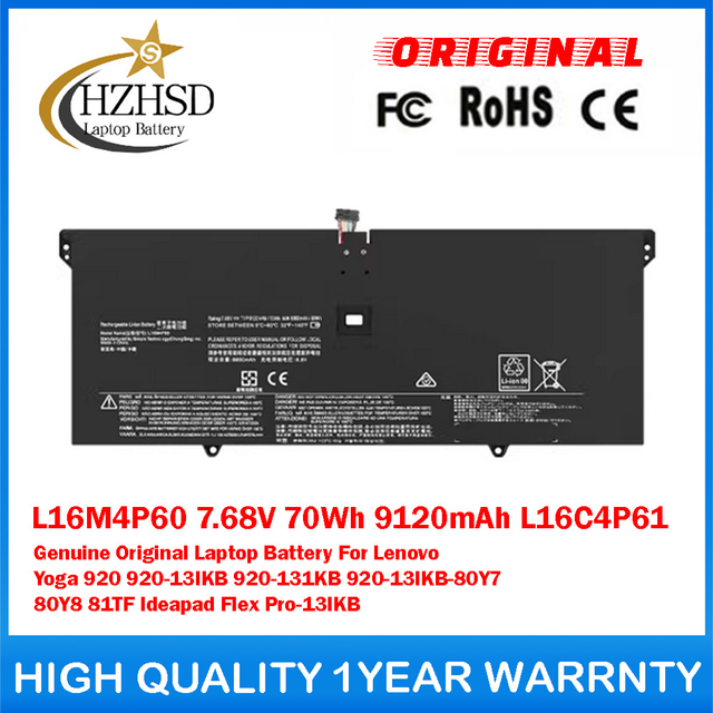 L16M4P60 7.68V 70Wh 9120mAh L16C4P61 Genuine Original Laptop Battery For Lenovo Yoga 920 920-13IKB 920-131KB 920-13IKB-80Y7 80Y8 81TF Ideapad Flex Pro-13IKB