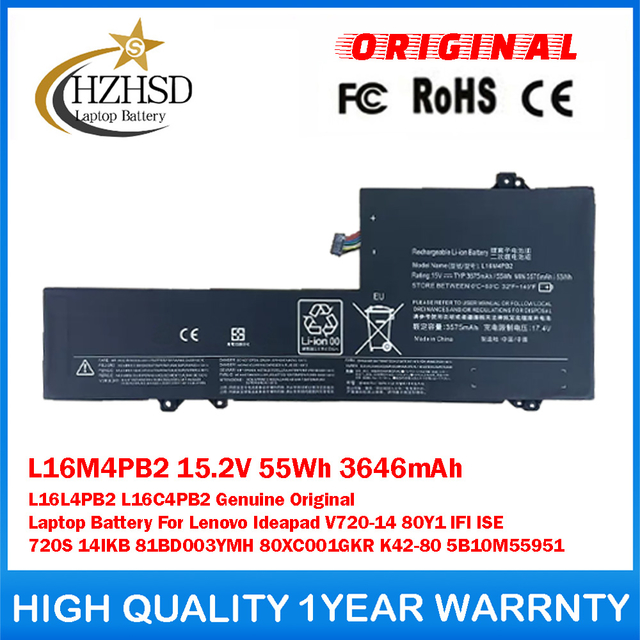 L16M4PB2 15.2V 55Wh 3646mAh L16L4PB2 L16C4PB2 Genuine Original Laptop Battery For Lenovo Ideapad V720-14 80Y1 IFI ISE 720S 14IKB 81BD003YMH 80XC001GKR K42-80 5B10M55951