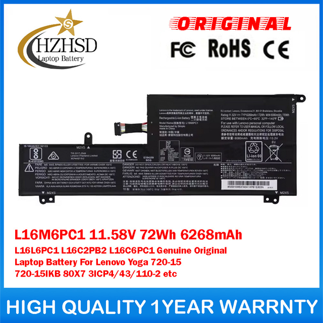 L16M6PC1 11.58V 72Wh 6268mAh L16L6PC1 L16C2PB2 L16C6PC1 Genuine Original Laptop Battery For Lenovo Yoga 720-15 720-15IKB 80X7 3ICP4/43/110-2 etc