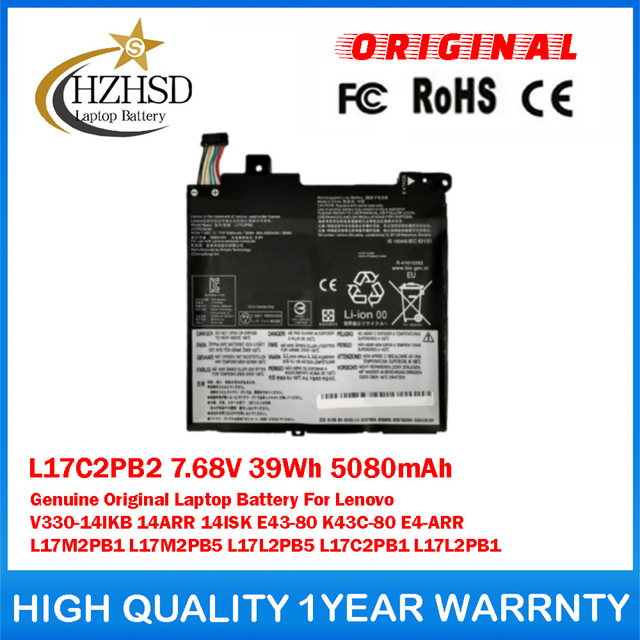 L17C2PB2 7.68V 39Wh 5080mAh Genuine Original Laptop Battery For Lenovo V330-14IKB 14ARR 14ISK E43-80 K43C-80 E4-ARR L17M2PB1 L17M2PB5 L17L2PB5 L17C2PB1 L17L2PB1