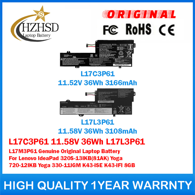 L17C3P61 11.58V 36Wh L17L3P61 L17M3P61 Genuine Original Laptop Battery For Lenovo IdeaPad 320S-13IKB(81AK) Yoga 720-12IKB Yoga 330-11IGM K43-ISE K43-IFI 8GB
