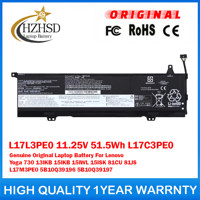 L17L3PE0 11.25V 51.5Wh 4587mAh L17C3PE0 L17M3PE0 Genuine Original Laptop Battery For Lenovo Yoga 730 13IKB 15IKB 15IWL 15ISK 81CU 81JS 5B10Q39196 5B10Q39197