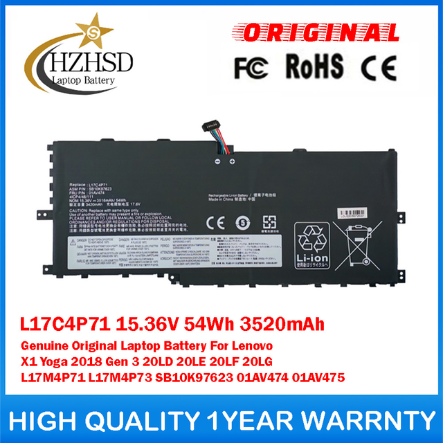 L17C4P71 15.36V 54Wh 3520mAh Genuine Original Laptop Battery For Lenovo X1 Yoga 2018 Gen 3 20LD 20LE 20LF 20LG L17M4P71 L17M4P73 SB10K97623 01AV474 01AV475