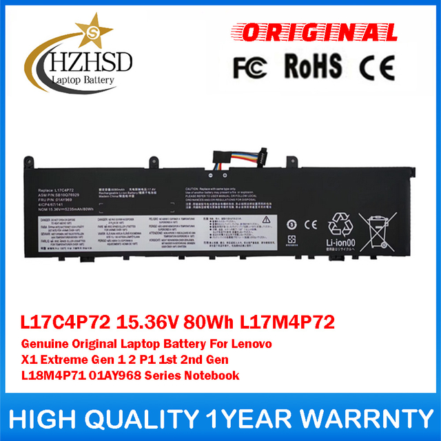 L17C4P72 15.36V 80Wh L17M4P72 Genuine Original Laptop Battery For Lenovo X1 Extreme Gen 1 2 P1 1st 2nd Gen L18M4P71 01AY968 Series Notebook