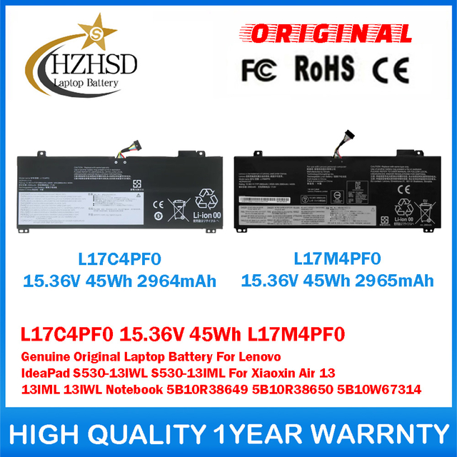 L17C4PF0 15.36V 45Wh L17M4PF0 15.36V 45Wh Genuine Original Laptop Battery For Lenovo IdeaPad S530-13IWL S530-13IML For Xiaoxin Air 13 13IML 13IWL Notebook 5B10R38649 5B10R38650 5B10W67314