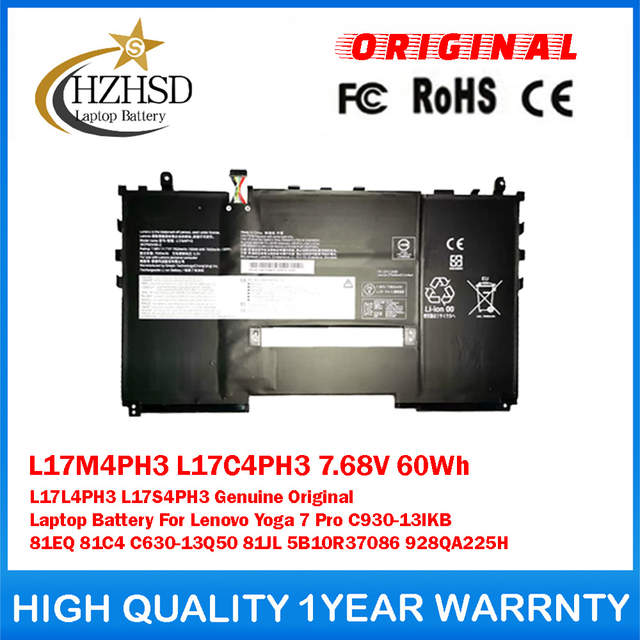 L17M4PH3 L17C4PH3 7.68V 60Wh L17L4PH3/S4PH3 Genuine Original Laptop Battery For Lenovo Yoga7 Pro C930-13IKB 81EQ 81C4 C630-13Q50 81JL 5B10R37086 928QA225H