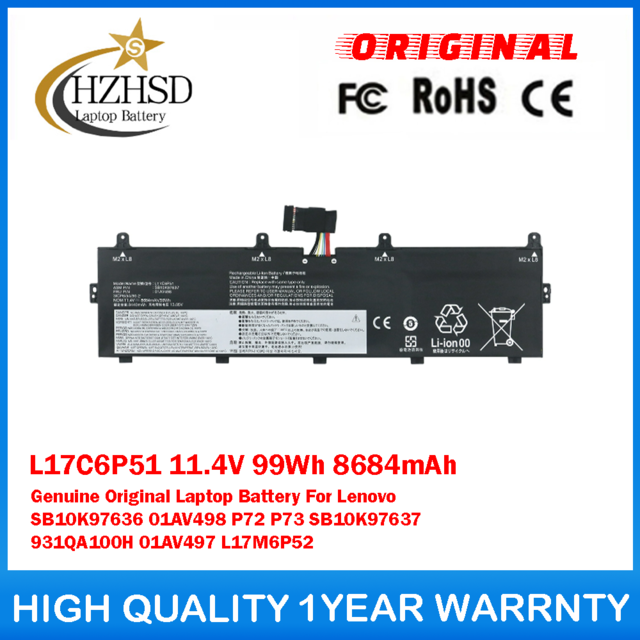 L17C6P51 11.4V 99Wh 8684mAh L17M6P52 Genuine Original Laptop Battery For Lenovo P72 P73 20MB 20MC SB10K97636 SB10K97637 931QA100H 01AV497 01AV498 3ICP6/54