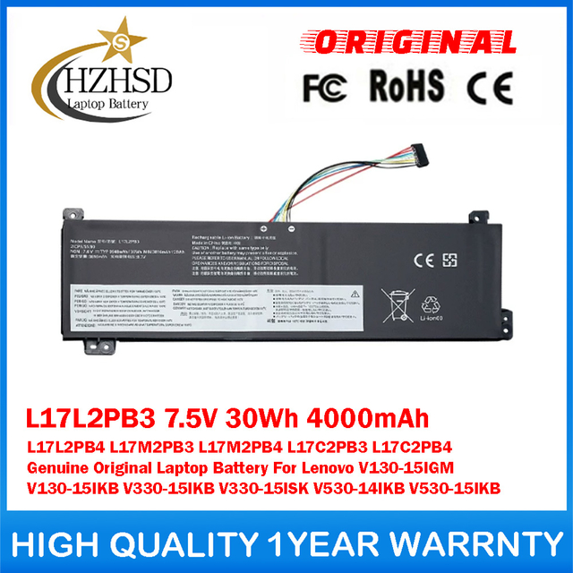 L17L2PB3 7.5V 30Wh 4000mAh L17L2PB4 L17M2PB3 L17M2PB4 L17C2PB3 L17C2PB4 Genuine Original Laptop Battery For Lenovo V130-15IGM V130-15IKB V330-15IKB V330-15ISK V530-14IKB V530-15IKB