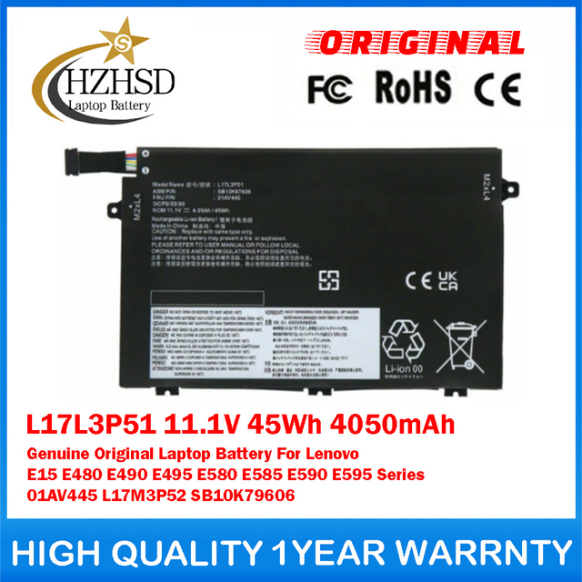 L17L3P51 11.1V 45Wh 4050mAh Genuine Original Laptop Battery For Lenovo E15 E480 E490 E495 E580 E585 E590 E595 Series 01AV445 L17M3P52 SB10K79606