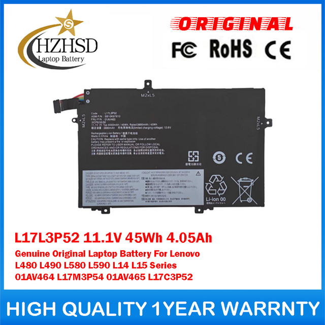 L17L3P52 11.1V 45Wh 4.05Ah Genuine Original Laptop Battery For Lenovo L480 L490 L580 L590 L14 L15 Series 01AV464 L17M3P54 01AV465 L17C3P52