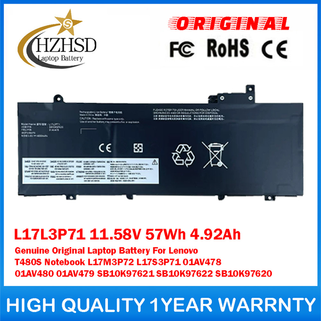 L17L3P71 11.58V 57Wh 4.92Ah Genuine Original Laptop Battery For Lenovo T480S Notebook L17M3P72 L17S3P71 01AV478 01AV480 01AV479 SB10K97621 SB10K97622 SB10K97620