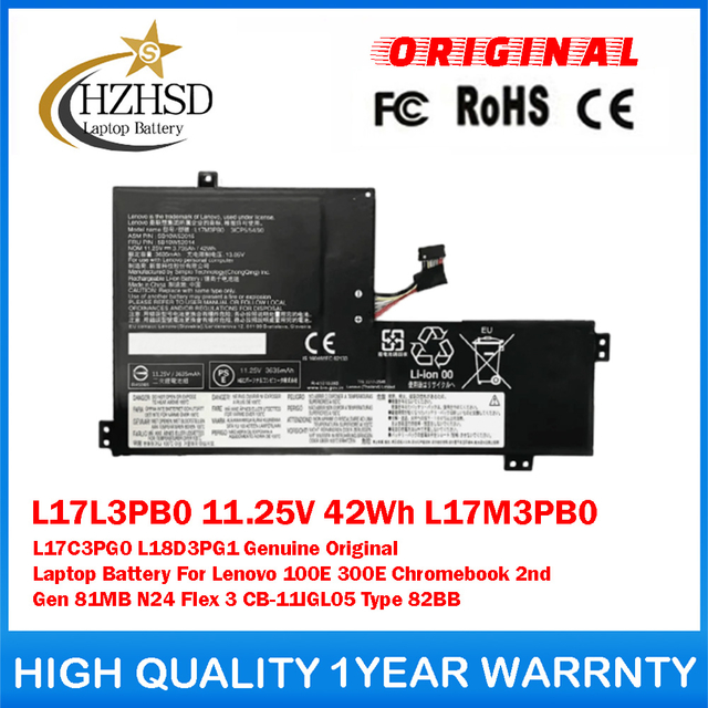 L17L3PB0 11.25V 42Wh 3.735Ah L17M3PB0 L17C3PG0 L18D3PG1 Genuine Original Laptop Battery For Lenovo 100E 300E Chromebook 2nd Gen 81MB N24 Flex 3 CB-11IGL05 Type 82BB