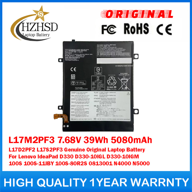 L17M2PF3 7.68V 39Wh 5080mAh L17D2PF2 L17S2PF3 Genuine Original Laptop Battery For Lenovo IdeaPad D330 D330-10IGL D330-10IGM 100S 100S-11IBY 100S-80R2S 0813001 N4000 N5000