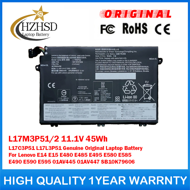 L17M3P51/2 11.1V 45Wh L17C3P51 L17L3P51 Genuine Original Laptop Battery For Lenovo E14 E15 E480 E485 E495 E580 E585 E490 E590 E595 01AV445 01AV447 SB10K79606