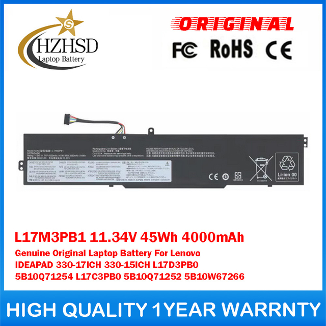 L17M3PB1 11.34V 45Wh 4000mAh Genuine Original Laptop Battery For Lenovo IDEAPAD 330-17ICH 330-15ICH L17D3PB0 5B10Q71254 L17C3PB0 5B10Q71252 5B10W67266