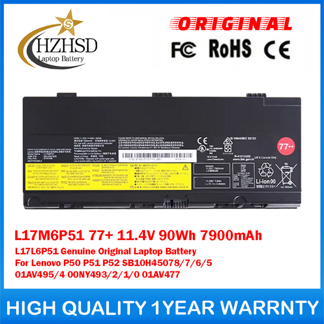 L17M6P51 77+ 11.4V 90Wh 7900mAh L17L6P51 Genuine Original Laptop Battery For Lenovo P50 P51 P52 SB10H45078/7/6/5 01AV495/4 00NY493/2/1/0 01AV477