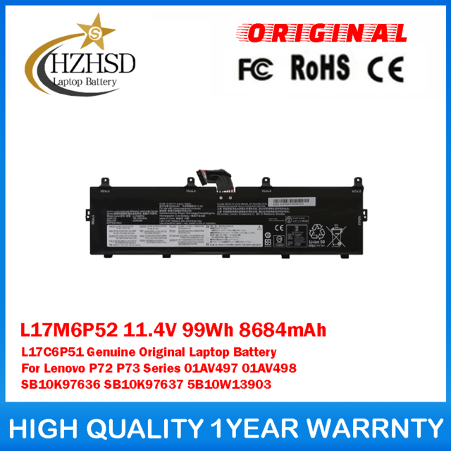 L17M6P52 11.4V 99Wh 8684mAh L17C6P51 Genuine Original Laptop Battery For Lenovo P72 P73 Series 01AV497 01AV498 SB10K97636 SB10K97637 5B10W13903